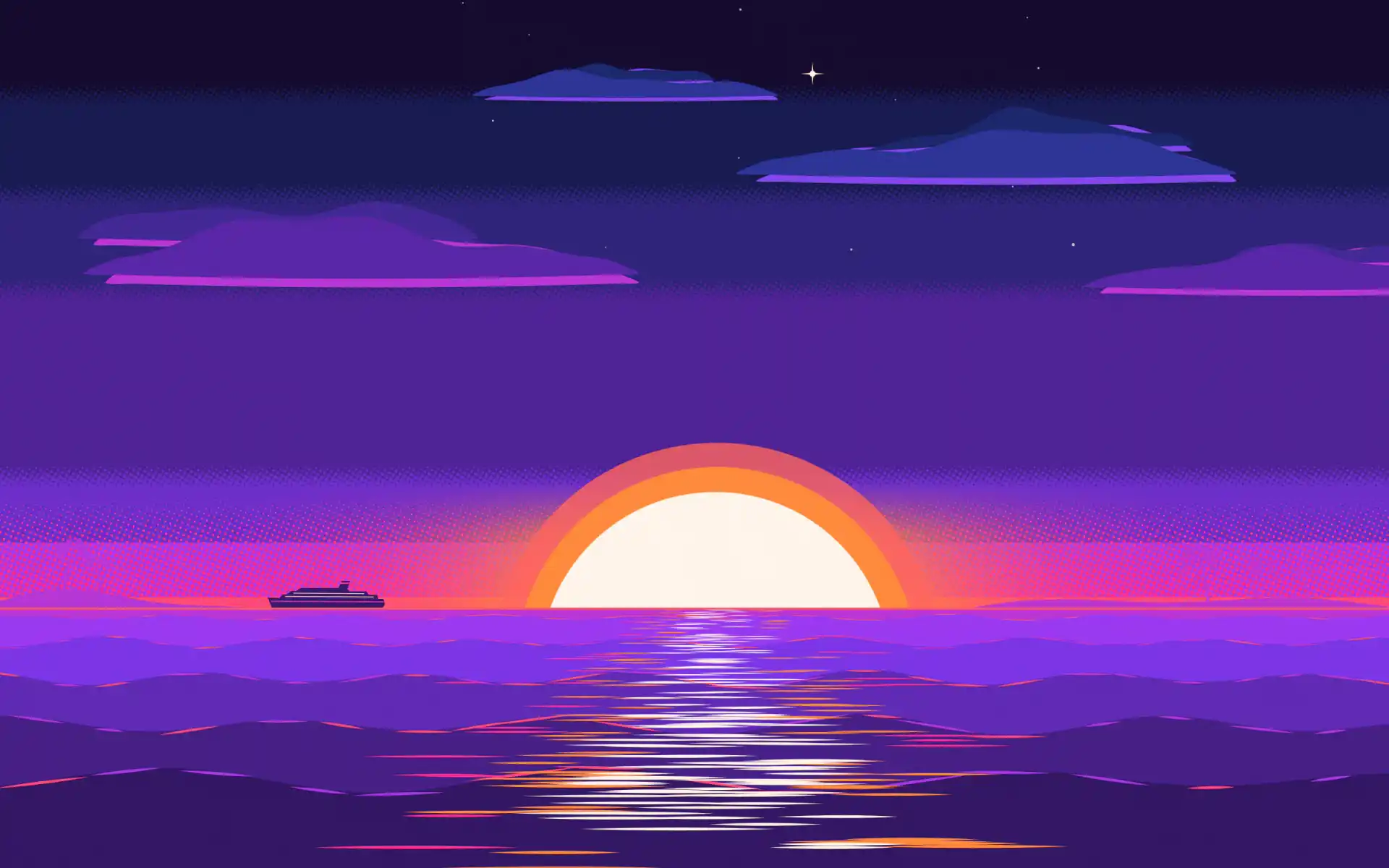 Placeholder illustration: two silhouetted figures with raised arms on a beach at sunset, palm fronds overhead and a cruise ship on the horizon